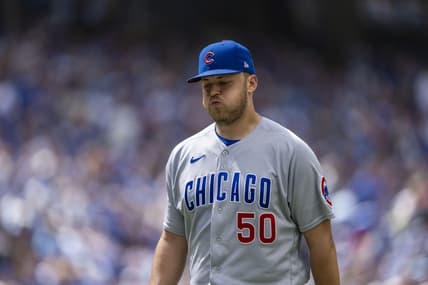 Aug 13, 2023; Toronto, Ontario, CAN; Chicago Cubs starting pitcher Jameson Taillon (50) reacts after being taken out of the game during the fourth inning against the Toronto Blue Jays at Rogers Centre. Mandatory Credit: Kevin Sousa-USA TODAY Sports