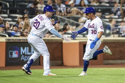 Aug 13, 2023; New York City, New York, USA; New York Mets center fielder Rafael Ortega (30) is greeted by first baseman Pete Alonso (20) after scoring in the third inning against the Atlanta Braves at Citi Field. Mandatory Credit: Wendell Cruz-USA TODAY Sports