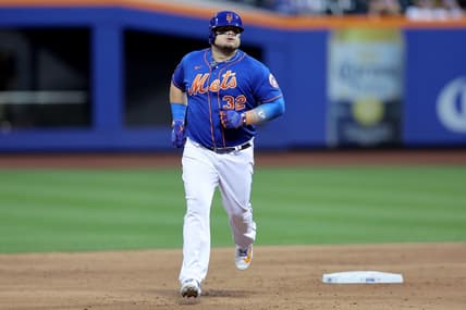 Aug 14, 2023; New York City, New York, USA; New York Mets designated hitter Daniel Vogelbach (32) rounds the bases after hitting a solo home run against the Pittsburgh Pirates during the second inning at Citi Field. Mandatory Credit: Brad Penner-USA TODAY Sports