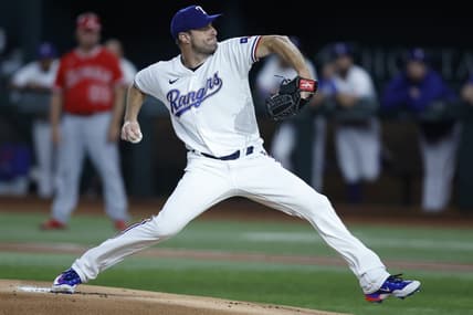Aug 14, 2023; Arlington, Texas, USA; Texas Rangers starting pitcher Max Scherzer (31) throws a pitch in the first inning against the Los Angeles Angels at Globe Life Field. Mandatory Credit: Tim Heitman-USA TODAY Sports