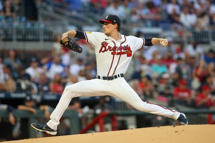 Aug 14, 2023; Atlanta, Georgia, USA; Atlanta Braves starting pitcher Max Fried (54) throws against the New York Yankees in the first inning at Truist Park. Mandatory Credit: Brett Davis-USA TODAY Sports