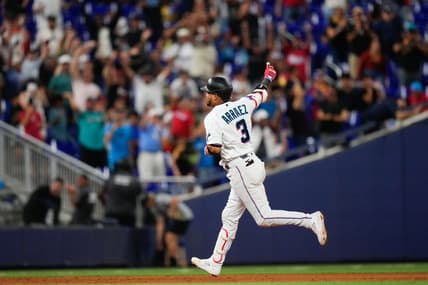 Aug 14, 2023; Miami, Florida, USA; Miami Marlins second baseman Luis Arraez (3) rounds the bases after hitting a home run against the Houston Astros during the eighth inning at loanDepot Park. Mandatory Credit: Rich Storry-USA TODAY Sports