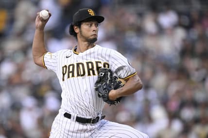 Aug 14, 2023; San Diego, California, USA; San Diego Padres starting pitcher Yu Darvish (11) throws a pitch against the Baltimore Orioles during the first inning at Petco Park. Mandatory Credit: Orlando Ramirez-USA TODAY Sports