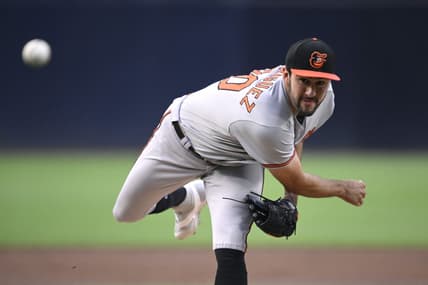 Aug 14, 2023; San Diego, California, USA; Baltimore Orioles starting pitcher Grayson Rodriguez (30) throws a pitch against the San Diego Padres during the first inning at Petco Park. Mandatory Credit: Orlando Ramirez-USA TODAY Sports