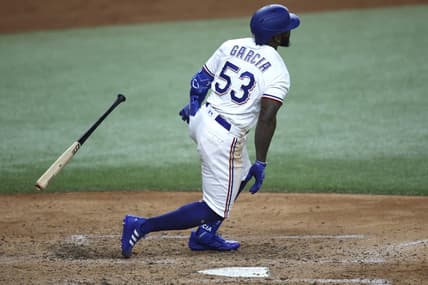 Aug 14, 2023; Arlington, Texas, USA; Texas Rangers right fielder Adolis Garcia (53) bats in the sixth inning against the Los Angeles Angels at Globe Life Field. Mandatory Credit: Tim Heitman-USA TODAY Sports