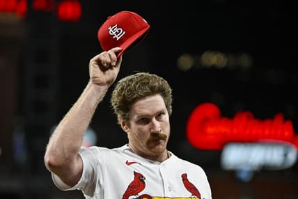 Aug 14, 2023; St. Louis, Missouri, USA;  St. Louis Cardinals starting pitcher Miles Mikolas (39) tips his cap to the fans as he walks off the field after he was removed from the game during the seventh inning against the Oakland Athletics at Busch Stadium. Mandatory Credit: Jeff Curry-USA TODAY Sports