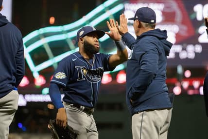Aug 14, 2023; San Francisco, California, USA; Tampa Bay Rays infielder Osleivis Basabe (37) shakes hands with a coach after the final out of the ninth inning against the San Francisco Giants at Oracle Park. Mandatory Credit: Robert Edwards-USA TODAY Sports