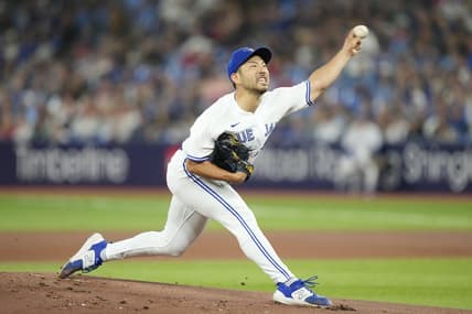Aug 15, 2023; Toronto, Ontario, CAN; Toronto Blue Jays starting pitcher Yusei Kikuchi (16) pitches to the Philadelphia Phillies during the first inning at Rogers Centre. Mandatory Credit: John E. Sokolowski-USA TODAY Sports