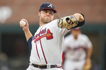 Aug 15, 2023; Cumberland, Georgia, USA; Atlanta Braves starting pitcher Bryce Elder (55) pitches against the New York Yankees during the first inning at Truist Park. Mandatory Credit: Dale Zanine-USA TODAY Sports