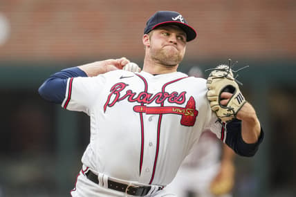 Aug 15, 2023; Cumberland, Georgia, USA; Atlanta Braves starting pitcher Bryce Elder (55) pitches against the New York Yankees during the first inning at Truist Park. Mandatory Credit: Dale Zanine-USA TODAY Sports