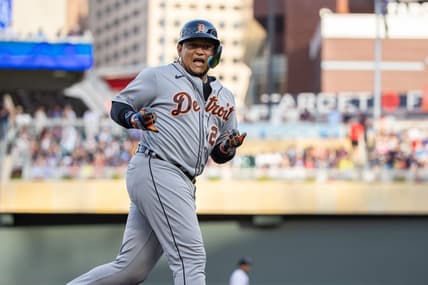 Aug 15, 2023; Minneapolis, Minnesota, USA; Detroit Tigers designated hitter Miguel Cabrera (24) celebrates after hitting a two-run home run during the second inning against the Minnesota Twins at Target Field. Mandatory Credit: Jordan Johnson-USA TODAY Sports