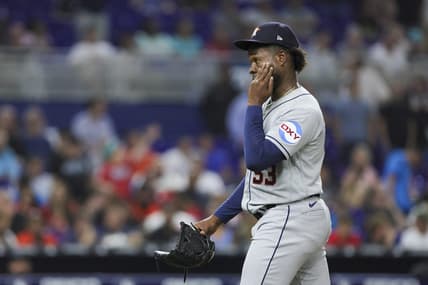 Aug 15, 2023; Miami, Florida, USA; Houston Astros starting pitcher Cristian Javier (53) reacts after a throwing error against the Miami Marlins during the fifth inning at loanDepot Park. Mandatory Credit: Sam Navarro-USA TODAY Sports