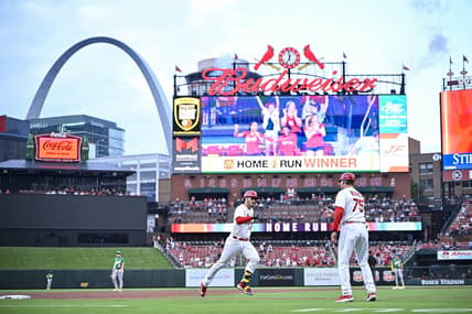 Aug 15, 2023; St. Louis, Missouri, USA;  St. Louis Cardinals third baseman Nolan Arenado (28) runs the bases after hitting a two run home run against the Oakland Athletics during the first inning at Busch Stadium. Mandatory Credit: Jeff Curry-USA TODAY Sports