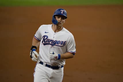 Aug 15, 2023; Arlington, Texas, USA; Texas Rangers shortstop Corey Seager (5) rounds the bases after he hits a home run against the Los Angeles Angels during the third inning at Globe Life Field. Mandatory Credit: Jerome Miron-USA TODAY Sports