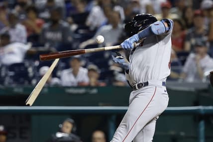 Aug 15, 2023; Washington, District of Columbia, USA; Boston Red Sox shortstop Trevor Story (10) breaks his bat against the Washington Nationals during the eighth inning at Nationals Park. Mandatory Credit: Geoff Burke-USA TODAY Sports