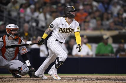 Aug 15, 2023; San Diego, California, USA; San Diego Padres right fielder Ben Gamel (16) hits a two-RBI double against the Baltimore Orioles during the fifth inning at Petco Park. Mandatory Credit: Orlando Ramirez-USA TODAY Sports