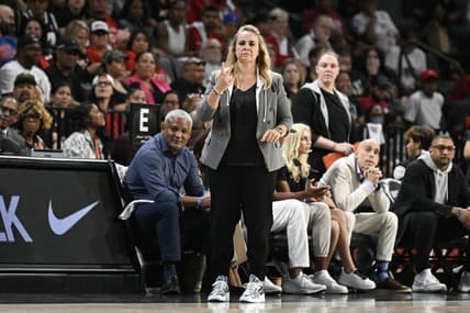 Aug 15, 2023; Las Vegas, Nevada, USA; Las Vegas Aces head coach Becky Hammon gestures to players during the second quarter against the New York Liberty at Michelob Ultra Arena. Mandatory Credit: Candice Ward-USA TODAY Sports