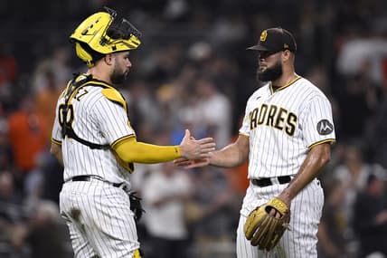 Aug 15, 2023; San Diego, California, USA; San Diego Padres catcher Gary Sanchez (99) and relief pitcher Luis Garcia (right) celebrate after defeating the Baltimore Orioles at Petco Park. Mandatory Credit: Orlando Ramirez-USA TODAY Sports