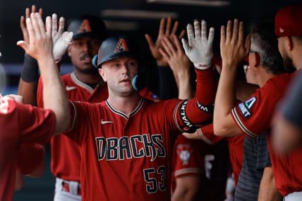 Aug 16, 2023; Denver, Colorado, USA; Arizona Diamondbacks first baseman Christian Walker (53) celebrates his two run home run in the first inning against the Colorado Rockies at Coors Field. Mandatory Credit: Isaiah J. Downing-USA TODAY Sports