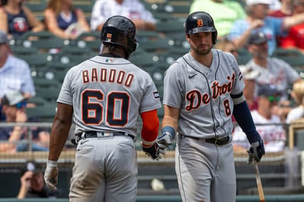 Aug 16, 2023; Minneapolis, Minnesota, USA; Detroit Tigers left fielder Akil Baddoo (60) celebrates with third baseman Matt Vierling (8) after scoring a run against the Minnesota Twins in the ninth inning at Target Field. Mandatory Credit: Jesse Johnson-USA TODAY Sports
