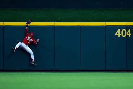 Cincinnati Reds left fielder TJ Friedl (29) catches a fly ball hit by Cleveland Guardians right fielder Ramon Laureano (10) in the third inning of the MLB baseball game between the Cincinnati Reds and the Cleveland Guardians at Great American Ball Park in Cincinnati on Wednesday, Aug. 16, 2023.