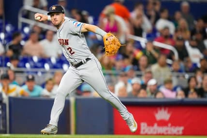 Aug 16, 2023; Miami, Florida, USA; Houston Astros third baseman Alex Bregman (2) throws the ball to first base for an out against the Miami Marlins during the seventh inning at loanDepot Park. Mandatory Credit: Rich Storry-USA TODAY Sports