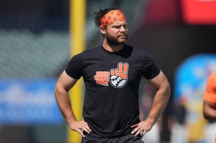 Aug 12, 2023; San Francisco, California, USA; San Francisco Giants shortstop Brandon Crawford (35) stands on the field before the game against the Texas Rangers at Oracle Park. Mandatory Credit: Darren Yamashita-USA TODAY Sports