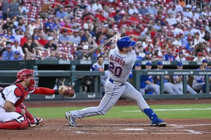 Aug 17, 2023; St. Louis, Missouri, USA;  New York Mets first baseman Pete Alonso (20) hits a two run home run against the St. Louis Cardinals during the fourth inning at Busch Stadium. Mandatory Credit: Jeff Curry-USA TODAY Sports