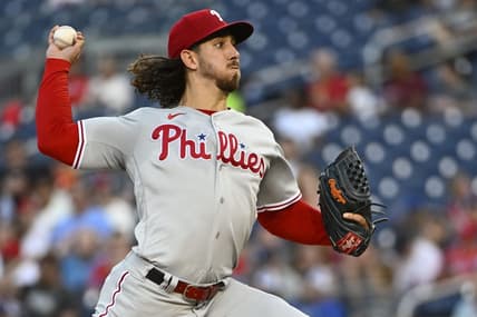 Aug 18, 2023; Washington, District of Columbia, USA; Philadelphia Phillies starting pitcher Michael Lorenzen (22) throws to the Washington Nationals during the second inning the at Nationals Park. Mandatory Credit: Brad Mills-USA TODAY Sports