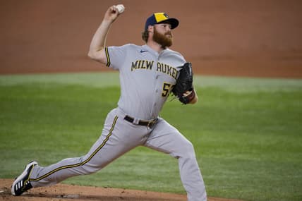 Aug 18, 2023; Arlington, Texas, USA; Milwaukee Brewers starting pitcher Brandon Woodruff (53) pitches against the Texas Rangers during the first inning at Globe Life Field. Mandatory Credit: Jerome Miron-USA TODAY Sports