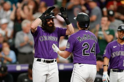 Aug 18, 2023; Denver, Colorado, USA; Colorado Rockies right fielder Charlie Blackmon (19) celebrates the three run home run of third baseman Ryan McMahon (24) in the fourth inning against the Chicago White Sox at Coors Field. Mandatory Credit: Isaiah J. Downing-USA TODAY Sports