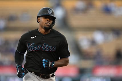 Aug 18, 2023; Los Angeles, California, USA; Miami Marlins designated hitter Jorge Soler (12) runs the bases after hitting a home run against the Los Angeles Dodgers during the first inning at Dodger Stadium. Mandatory Credit: Jonathan Hui-USA TODAY Sports