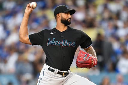 Aug 18, 2023; Los Angeles, California, USA; Miami Marlins starting pitcher Sandy Alcantara (22) throws a pitch against the Los Angeles Dodgers during the first inning at Dodger Stadium. Mandatory Credit: Jonathan Hui-USA TODAY Sports