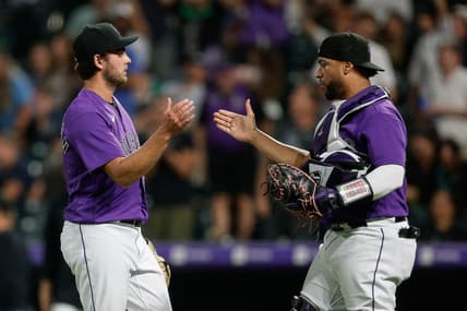 Aug 18, 2023; Denver, Colorado, USA; Colorado Rockies relief pitcher Karl Kauffmann (51) celebrates with catcher Elias Diaz (35) after the game against the Chicago White Sox at Coors Field. Mandatory Credit: Isaiah J. Downing-USA TODAY Sports