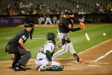 Aug 18, 2023; Oakland, California, USA; Baltimore Orioles designated hitter Ryan Mountcastle (6) bats against the Oakland Athletics during the eighth inning at Oakland-Alameda County Coliseum. Mandatory Credit: Robert Edwards-USA TODAY Sports