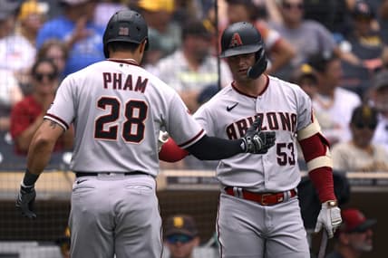 Aug 19, 2023; San Diego, California, USA; Arizona Diamondbacks designated hitter Tommy Pham (28) is congratulated by first baseman Christian Walker (53) after hitting a two-run home run against the San Diego Padres during the fifth inning at Petco Park. Mandatory Credit: Orlando Ramirez-USA TODAY Sports