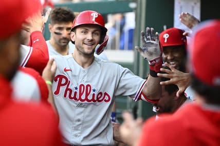 Aug 19, 2023; Washington, District of Columbia, USA; Philadelphia Phillies shortstop Trea Turner (7) is congratulated by teammates after hitting his second home run of the eighth inning against the Washington Nationals at Nationals Park. Mandatory Credit: Brad Mills-USA TODAY Sports