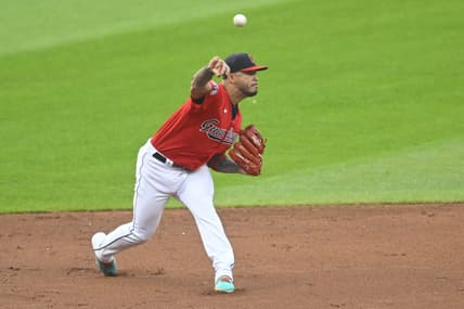 Aug 19, 2023; Cleveland, Ohio, USA; Cleveland Guardians shortstop Gabriel Arias (13) throws to first base in the second inning against the Detroit Tigers at Progressive Field. Mandatory Credit: David Richard-USA TODAY Sports
