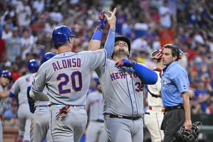 Aug 19, 2023; St. Louis, Missouri, USA;  New York Mets designated hitter Daniel Vogelbach (32) celebrates with first baseman Pete Alonso (20) after hitting a grand slam against the St. Louis Cardinals during the fifth inning at Busch Stadium. Mandatory Credit: Jeff Curry-USA TODAY Sports
