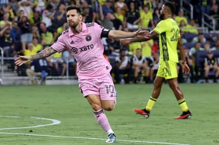 Aug 19, 2023; Nashville, TN, USA; Inter Miami forward Lionel Messi (10) reacts after scoring a goal against Nashville SC during he first half for the Leagues Cup Championship match at GEODIS Park.  Mandatory Credit: Vasha Hunt-USA TODAY Sports