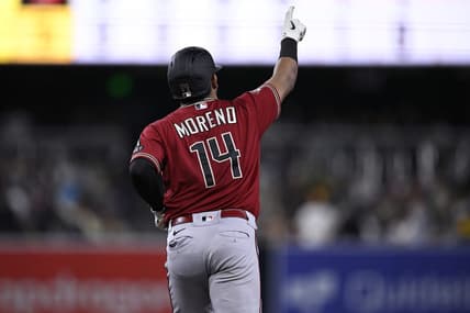 Aug 19, 2023; San Diego, California, USA; Arizona Diamondbacks catcher Gabriel Moreno (14) rounds the bases after hitting a grand slam home run against the San Diego Padres during the seventh inning at Petco Park. Mandatory Credit: Orlando Ramirez-USA TODAY Sports
