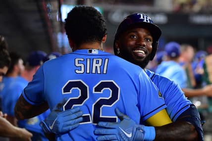 Aug 19, 2023; Anaheim, California, USA; Tampa Bay Rays left fielder Randy Arozarena (56) is greeted by center fielder Jose Siri (22) after hitting a two run home run against the Los Angeles Angels during the seventh inning at Angel Stadium. Mandatory Credit: Gary A. Vasquez-USA TODAY Sports