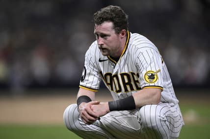 Aug 19, 2023; San Diego, California, USA; San Diego Padres first baseman Jake Cronenworth (9) looks on during the eighth inning against the Arizona Diamondbacks at Petco Park. Mandatory Credit: Orlando Ramirez-USA TODAY Sports