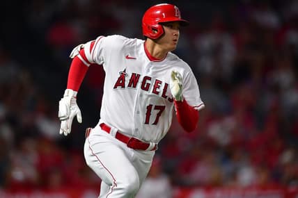 Aug 19, 2023; Anaheim, California, USA; Los Angeles Angels designated hitter Shohei Ohtani (17) runs after hitting a double against the Tampa Bay Rays during the eighth inning at Angel Stadium. Mandatory Credit: Gary A. Vasquez-USA TODAY Sports