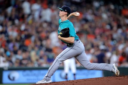 Aug 20, 2023; Houston, Texas, USA; Seattle Mariners starting pitcher Emerson Hancock (62) delivers a pitch against the Houston Astros during the first inning at Minute Maid Park. Mandatory Credit: Erik Williams-USA TODAY Sports