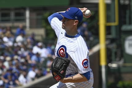 Aug 20, 2023; Chicago, Illinois, USA;  Chicago Cubs starting pitcher Kyle Hendricks (28) delivers against the Kansas City Royals during the first inning at Wrigley Field. Mandatory Credit: Matt Marton-USA TODAY Sports