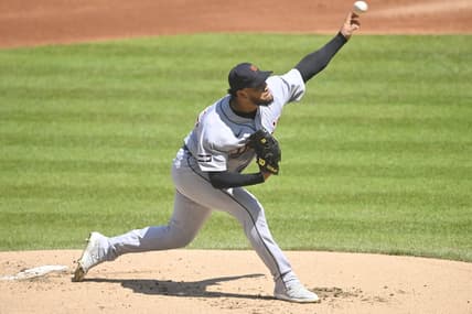 Aug 20, 2023; Cleveland, Ohio, USA; Detroit Tigers starting pitcher Eduardo Rodriguez (57) delivers a pitch in the first inning against the Cleveland Guardians at Progressive Field. Mandatory Credit: David Richard-USA TODAY Sports