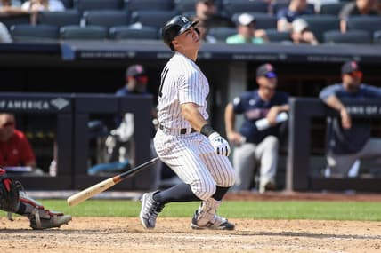 Aug 20, 2023; Bronx, New York, USA;  New York Yankees shortstop Anthony Volpe (11) hits a game tying three-run home run in the seventh inning against the Boston Red Sox at Yankee Stadium. Mandatory Credit: Wendell Cruz-USA TODAY Sports