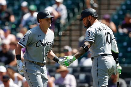 Aug 20, 2023; Denver, Colorado, USA; Chicago White Sox designated hitter Andrew Vaughn (25) celebrates his solo home run with third baseman Yoan Moncada (10) in the second inning against the Colorado Rockies at Coors Field. Mandatory Credit: Isaiah J. Downing-USA TODAY Sports