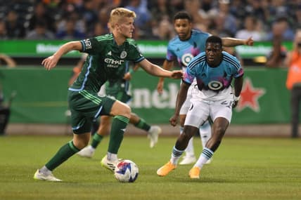 Aug 20, 2023; New Rochelle, New York, USA; New York City FC forward Andres Jasson (21) controls the ball during the first half at City Field. Mandatory Credit: Jonathan Jones-USA TODAY Sports